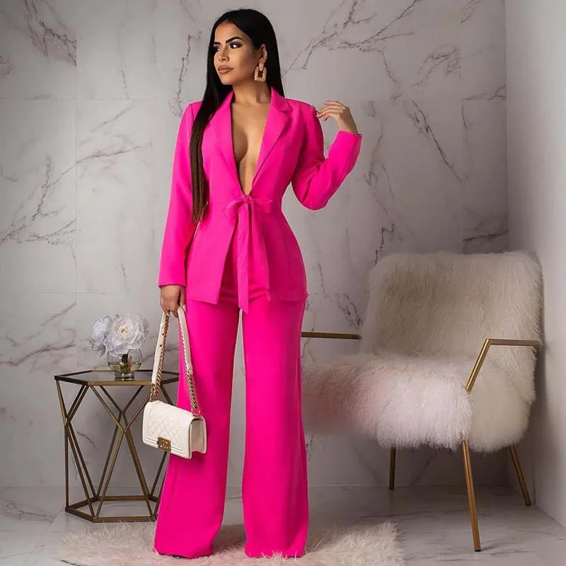 Mulheres terno de negócios conjunto escritório wear duas peças blazer moda casual profissional mulher terno com cintura amarrado jaqueta e calças