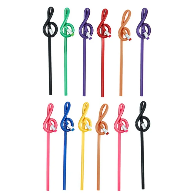 12Pcs Students Note Pencils Musical Note Pencils with Eraser Colorful Music Pencils Wooden Treble Clef Bent Pencil