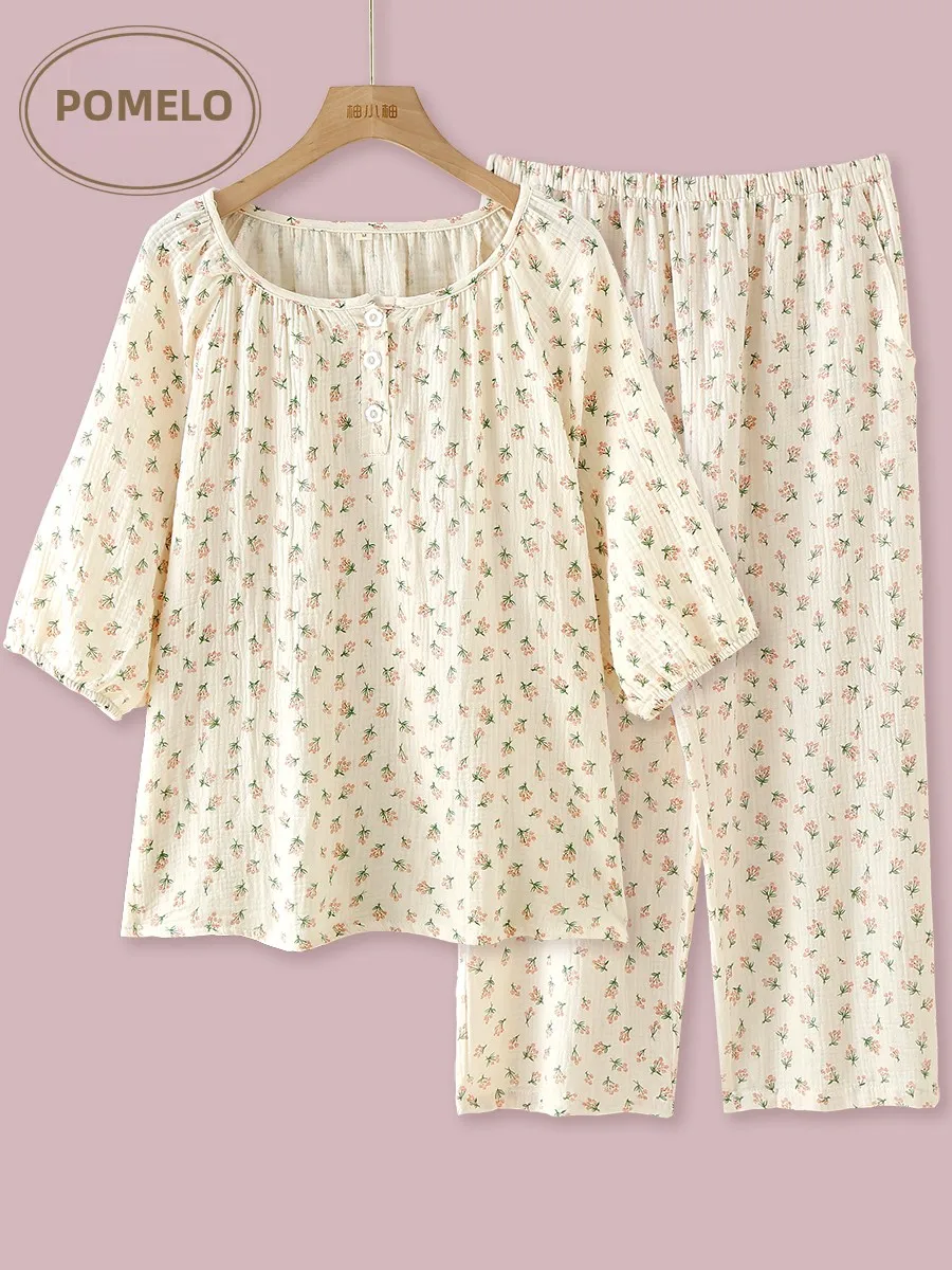 

Spring Summer Thin Cotton Bubble Cotton Gauze Hooded Sweet Floral Seven Sve Seven Pants Home Clothes Spwear Set for Women