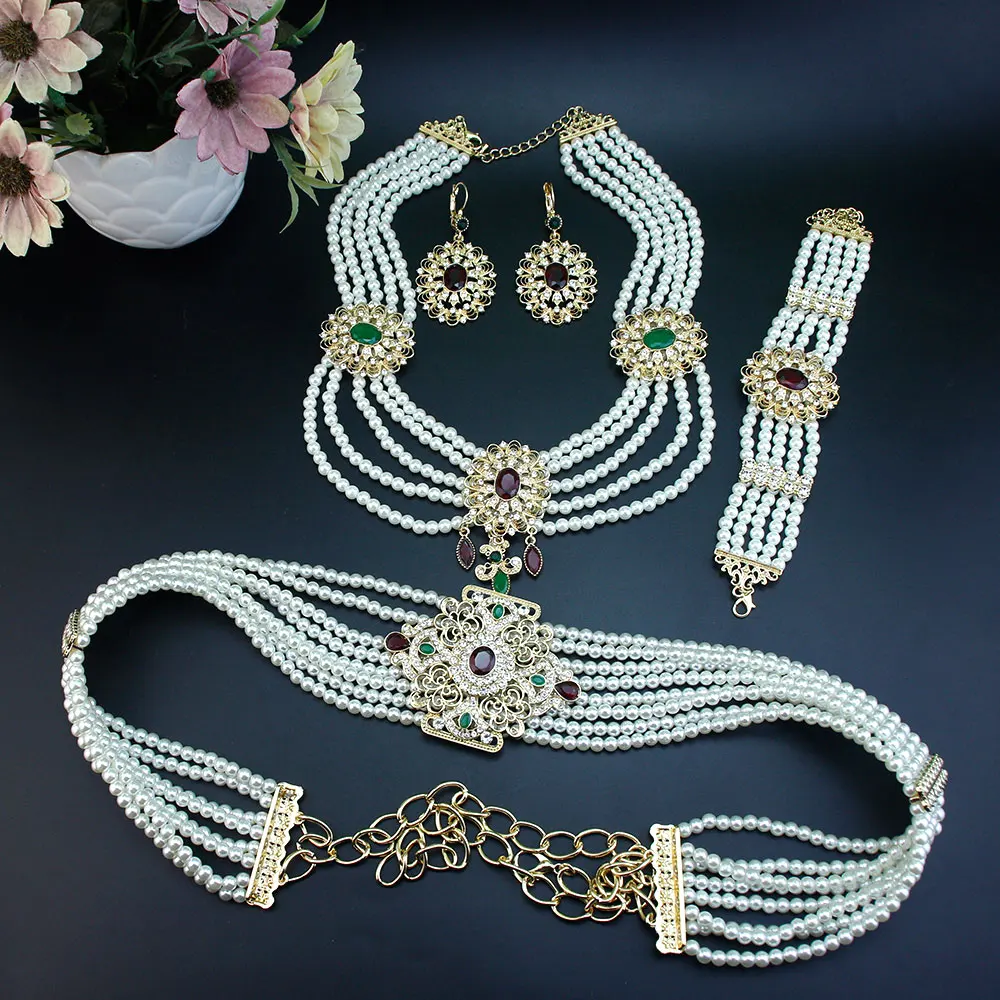 Sunspicems Pearl Morocco Bride Jewelry Sets For Women Gold Color Caftan Waist Chain Belt Bead Necklace Crystal Earrings Bracelet