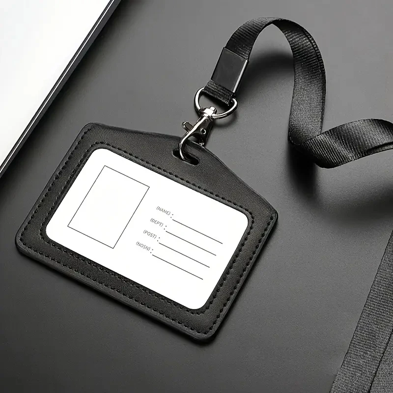 

Professional Business Card Holder with Lanyard - Clear ID and Name Badge Holder, Durable Cowhide Leather