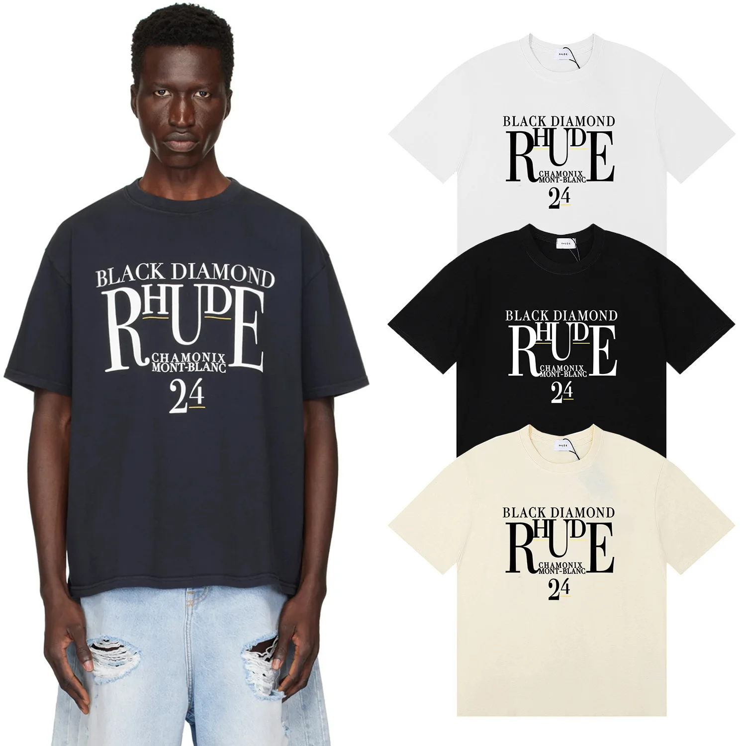 Camiseta RHUDE de estilo americano High Street, holgada, con cuello redondo, informal, para ir al trabajo, de manga corta, de algodón, con estampado de dibujos animados, estilo Hip Hop