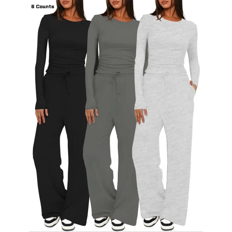 

2026 Women's Solid Ruched Drawstring Loungewear Set, Casual Breathable Long Sleeve Round Neck Top & Pocket Wide Leg Trousers