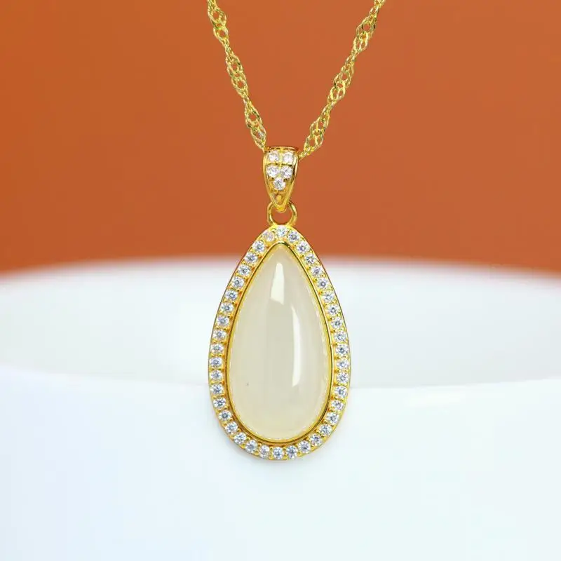 Genuine China Nephrite Stone White Hetian Jade Water Drop Pendant Necklace 925 Silver Certified Jewelry Women Lucky Charm Amulet