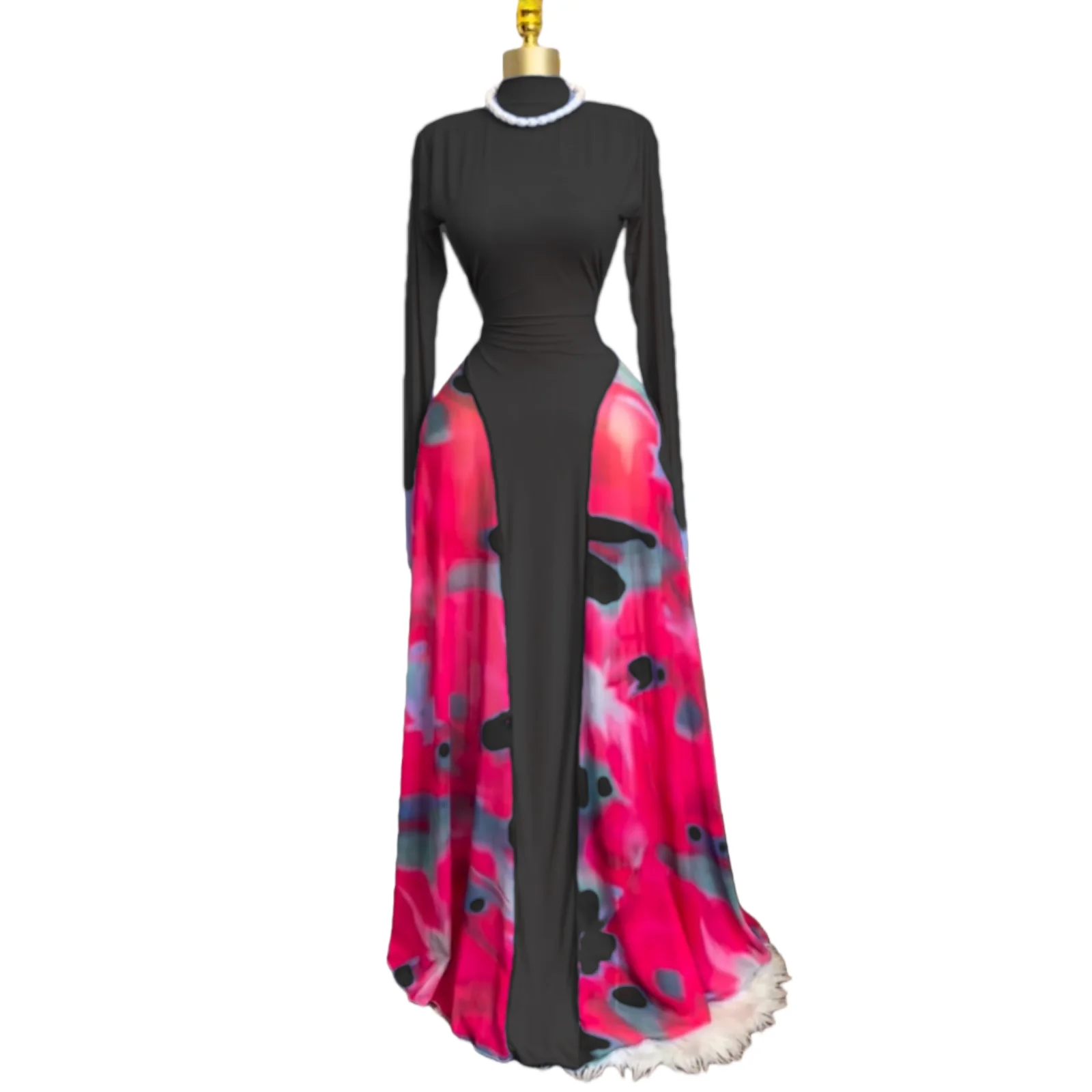 فستان نسائي طويل من GLCMYAYA مطبوع عليه ربطة عنق وياقة ساق كبيرة سوينغ على شكل حرف a فستان طويل لحفلات أعياد الميلاد فساتين طويلة #4