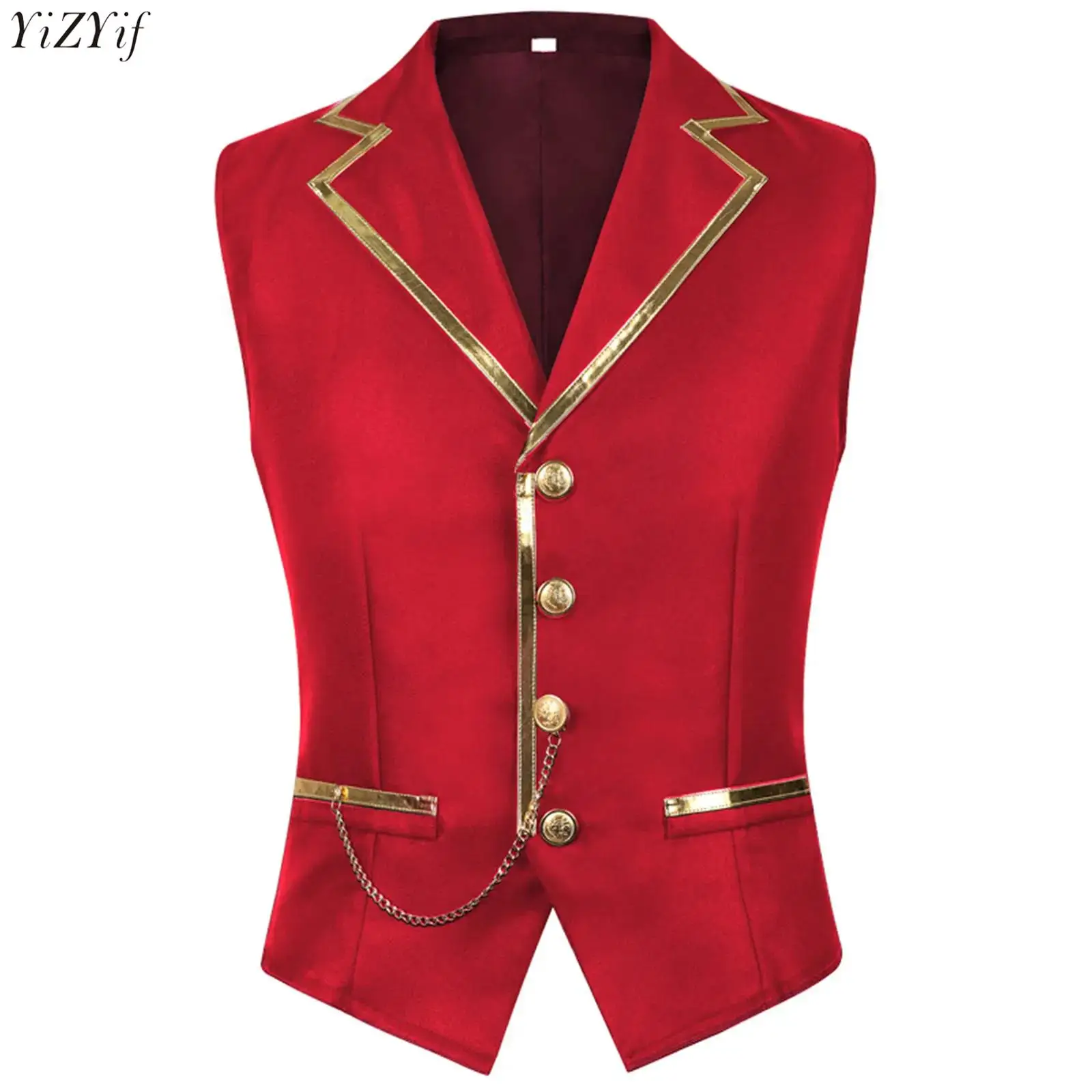 

Men's Vest Steampunk Waistcoat Metallic Shiny Trim Chain Front Button Gentleman Tank Top for Halloween Gothic Party Cocktails