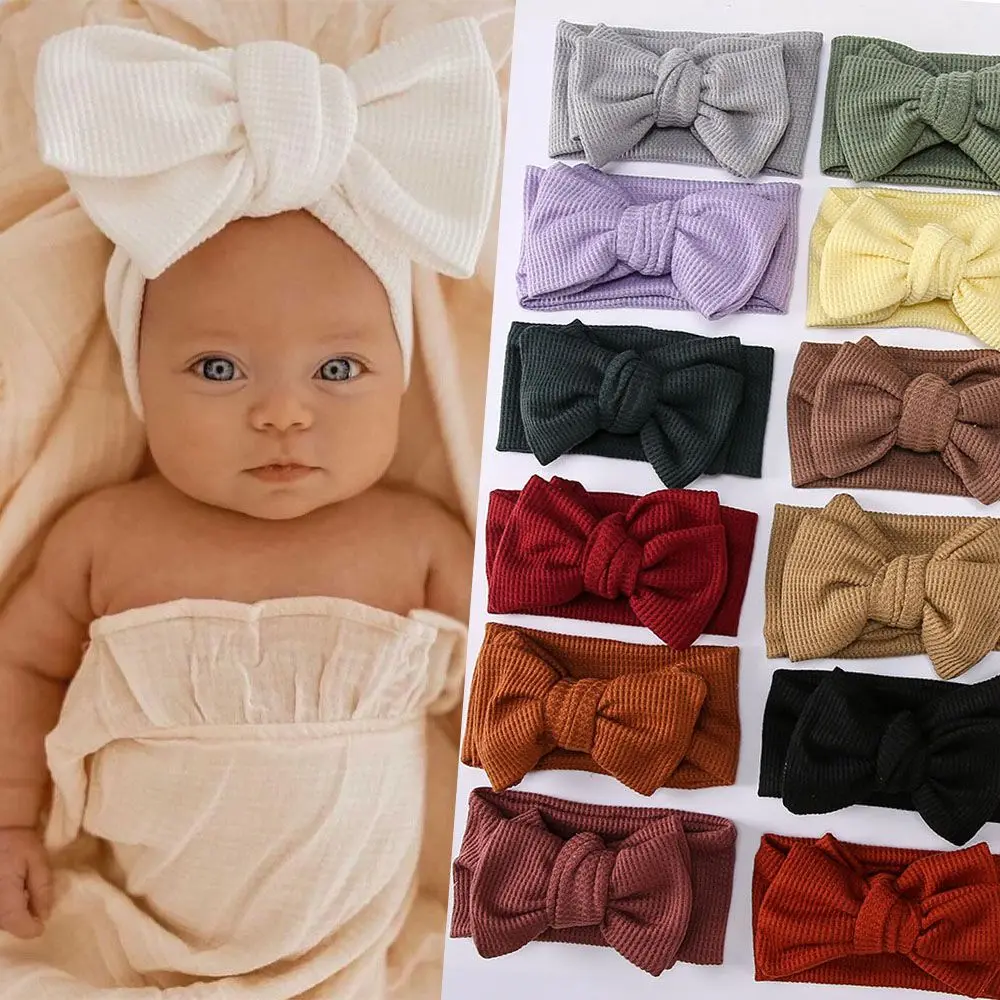 Soft Waffle Fabric Elastic Baby Headwrap Big Bow Hairband Baby Headband Bowknot Turban Girl Headwear