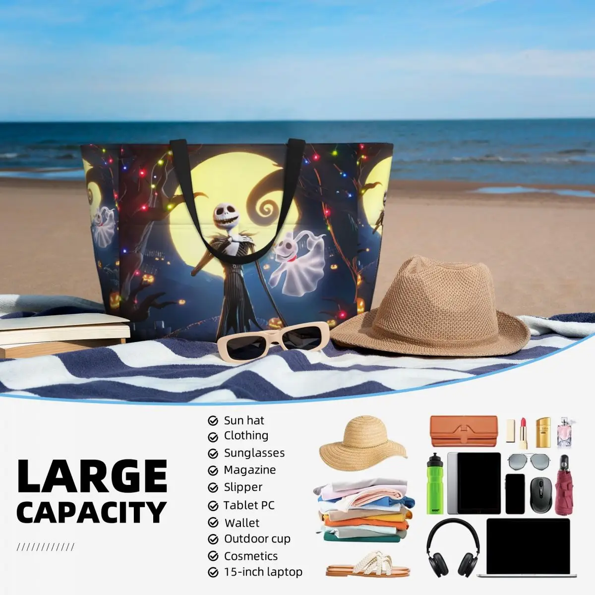 Borsa Tote personalizzata grande Horror Christmas Nightmare Jack Skellington per le donne borsa da viaggio da spiaggia per palestra con tracolla di