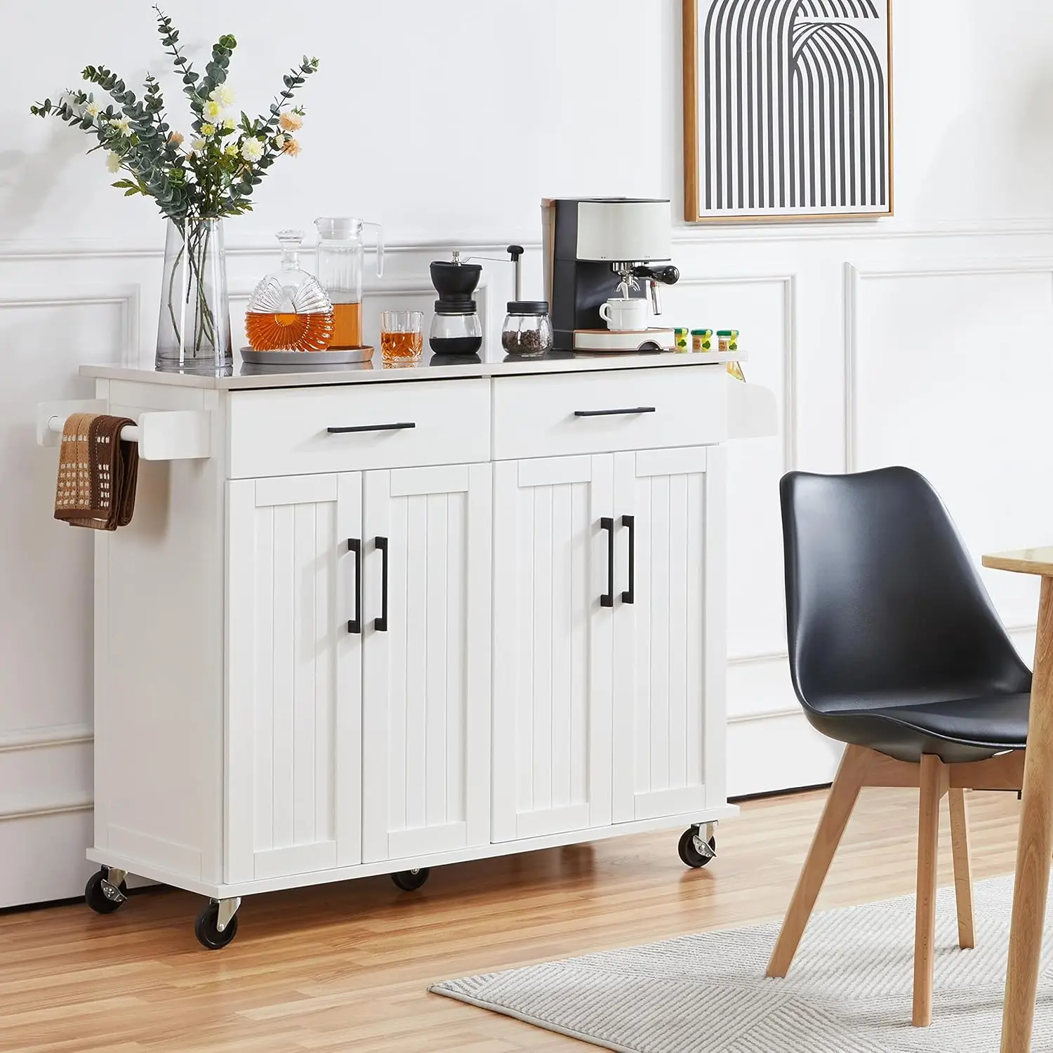 Kitchen Island Cart with Storage & Stainless Steel Countertop, Portable Kitchen Island on Wheels with Cabinet & Adjustable Shelv