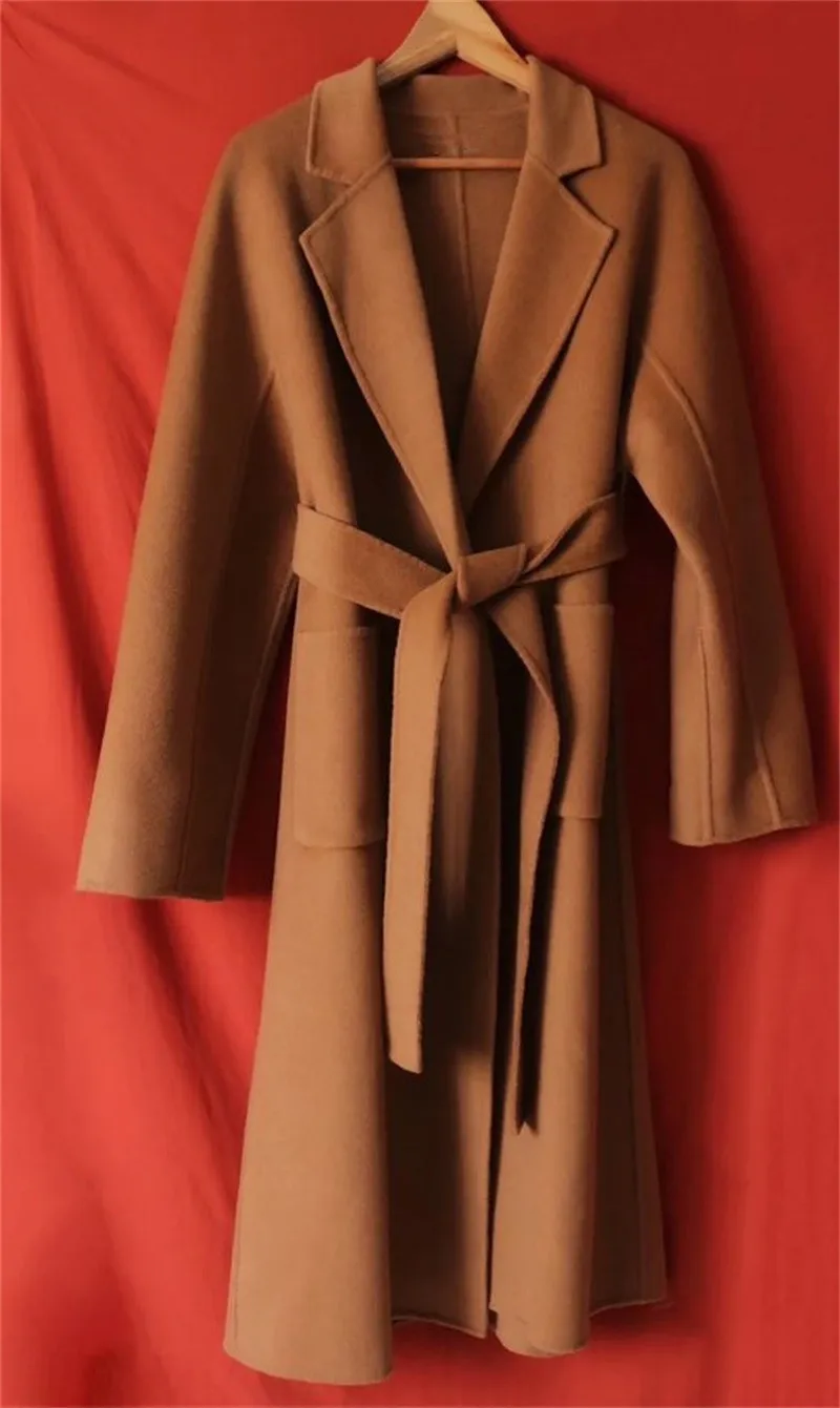 Brown Cashmere Women Suit Overcoat Woolen Winter Thick Custom Made 1Pcs Long Jacket Blazer With Belt Pocket Casual Prom Dress