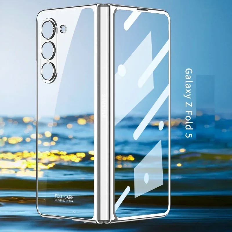 Luxury Plating HD Transparent Case For Samsung Galaxy Z Fold 7 6 5 4 5G Case with Ring Metal Ring Clear Shockproof Shell Case