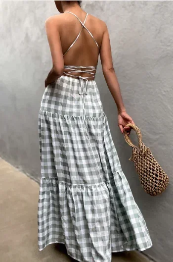 Pop Green and white checkered backless camisole maxi dress in vacation style