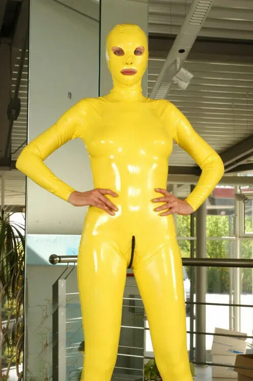 100% Latex Rubber Gummi Catsuit Ganzanzug Yellow Party Suit Overall Kostüm Mask