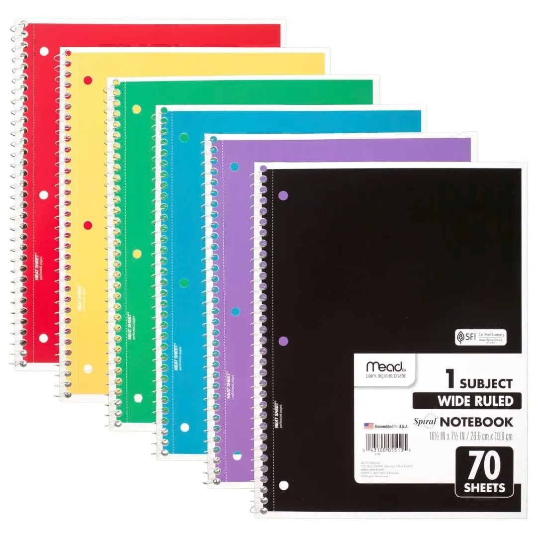 

6 Pack Spiral Notebook, 1 Subject Wide Ruled, 70 Sheets, 7.5"x10.5", Assorted Colors