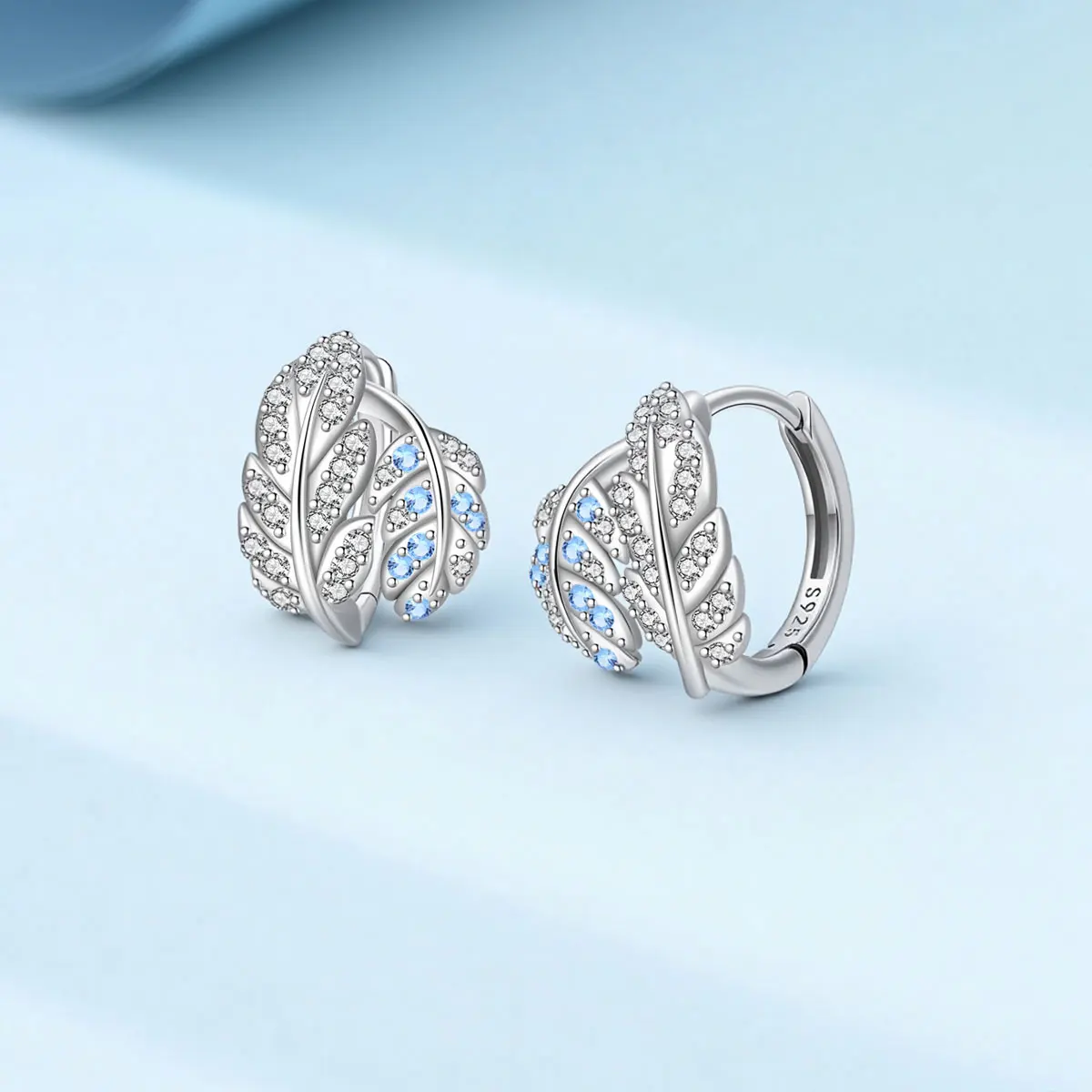 Sparkling Blue Feathers Earring for Women 925 Sterling Silver Hoop Earring Jewelry Graduation Birthday Gifts for Girls Teen