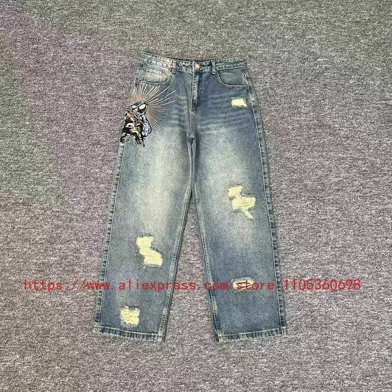 

26ss DERSCHUTZE Jeans Retro Embroidered Ripped Jeans High Street Trendy Brand Straight Leg Pants Men DERSCHUTZE Pants