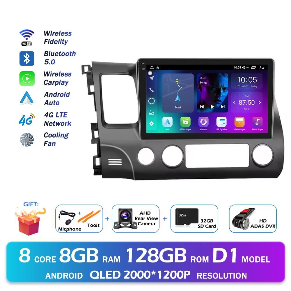 Android 16 Bluetooth Voor Honda Civic 2006-2011 Autoradio Intelligente Multimedia Speler Auto Draadloze CarPlay WIFI 4G DSP GPS