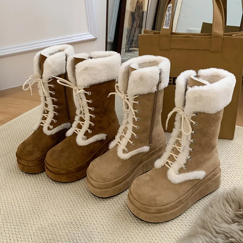 Botas de nieve con plataforma alta para Mujer, zapatos planos cálidos de piel, Zapatillas de algodón de gamuza, zapatos de felpa con cordones Kawaii para invierno, 2024