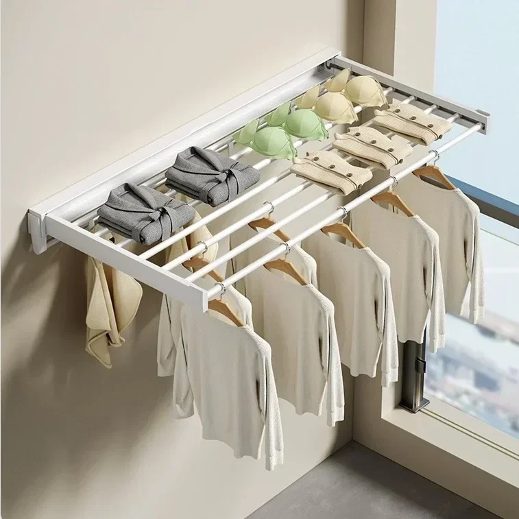 No-hole indoor balcony clothes towel shoe drying rod, invisible drying rack, wall mounted multi-functional folding clothesline