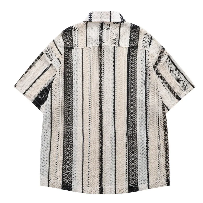 2025 Summer New Couple's Shirt American Hollow Stripe High end Loose Casual Versatile Men's Polo Short sleeved Shirt YD-5697
