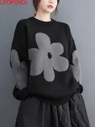 Women's Autumn And Winter 2023 New Korean Bottoming Long Sleeves Flowers O-neck Pullover A-straight Vintage Sweater Trend Top