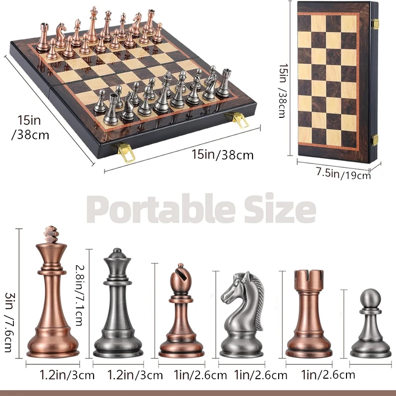 High-end metal chess set 38cm/15inch folding chessboard lacquered metal zinc alloy chess pieces including 2 additional queens