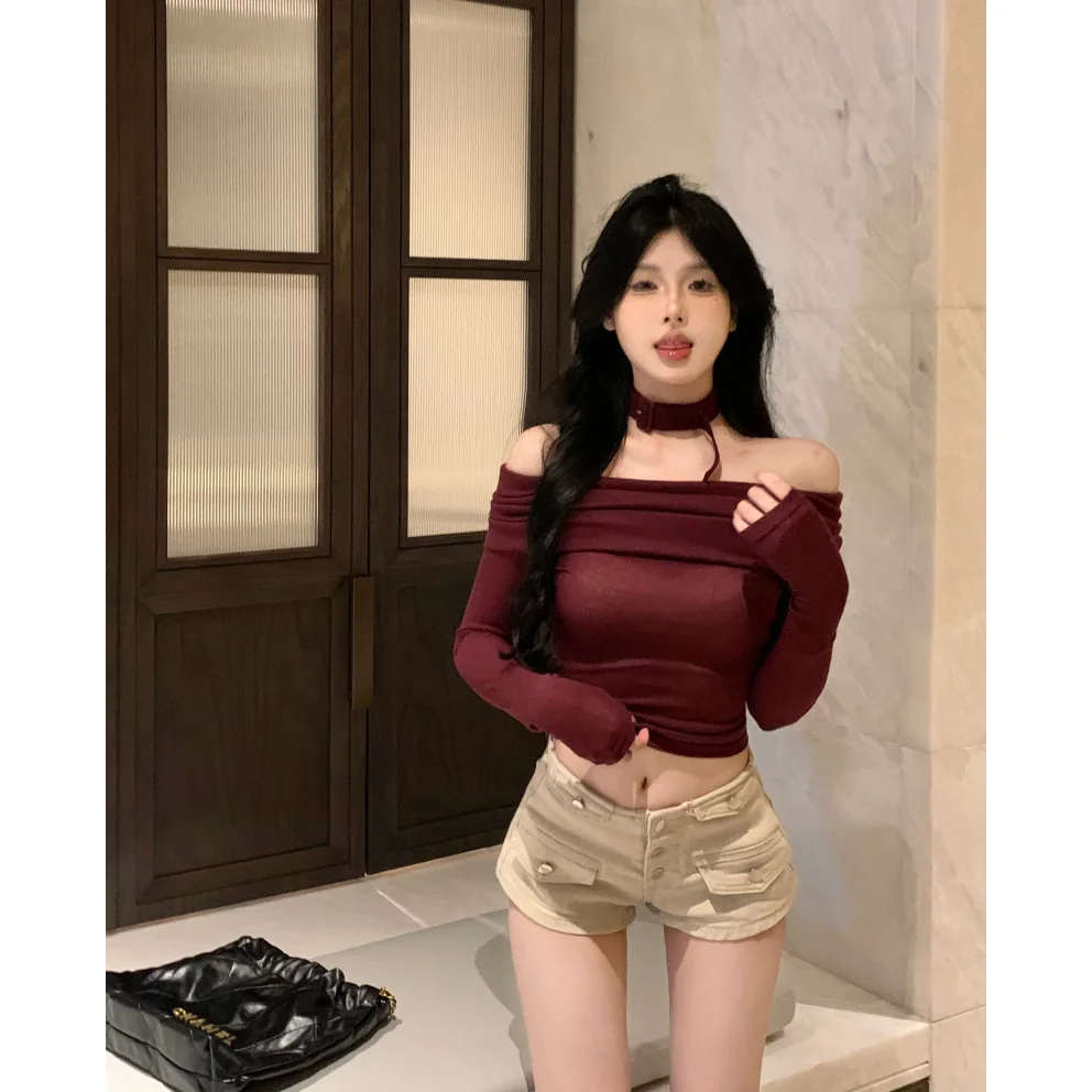 Spicy Girl Style One Shoulder Dark Purple Long Sleeved T-shirt for Women with Collar Slim Fit and Sexy Top