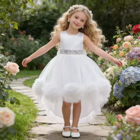 Elegant Trailing Flower Party Girls Dress Summer Wedding Bridesmaid Princess Prom Dress Girl Tull Bow Birthday Evening Ball Gown