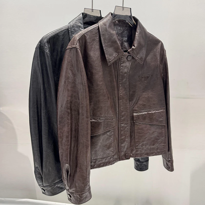 Giacca casual in vera pelle da donna retrò olio invecchiato cerve caffè/nero femminile bavero primo strato cappotti di pelle di pecora top 2026