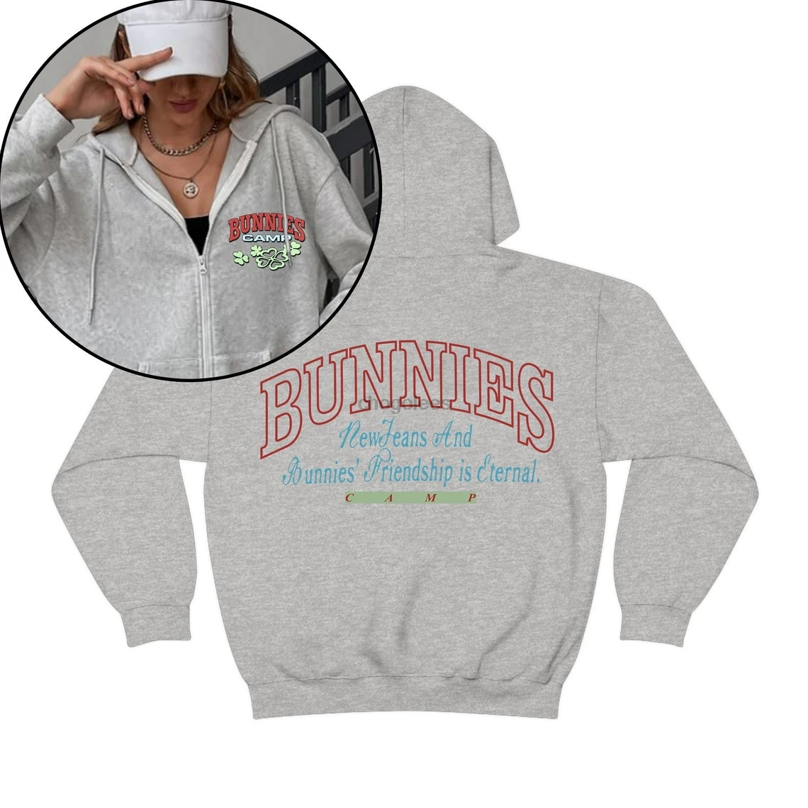 قميص بقلنسوة بسحاب من Bunnies Camp، قميص ألبوم Get Up 2nd EP Time to Minji Hanni Danielle Haerin
