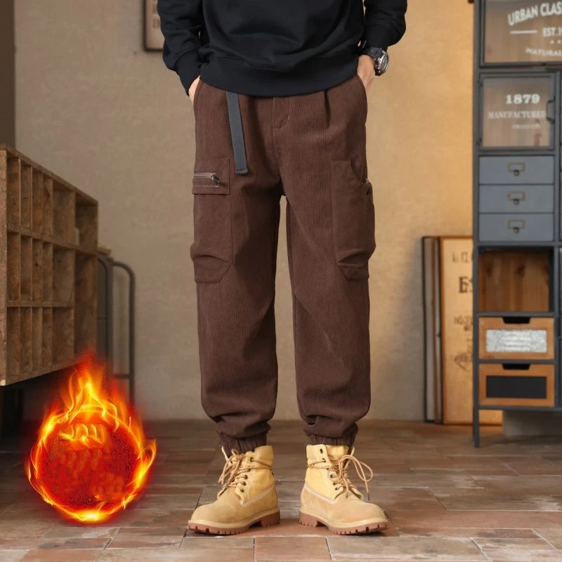 American-Style Cuffed Workwear Trousers Men's Winter New Loose Wide-Leg Thickened Fleece Jeans with Added Velvet Casual Pants