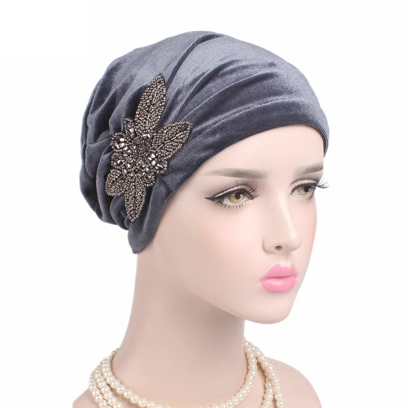 New Women Beads Flower Turban Cap Velvet Head Wraps Caps Beanie Skullies Turban Chemo Cap Muslim Headscarf Bonnet Inner Elegant