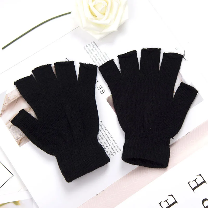 1 paire noir unisexe demi doigt gants sans doigts pour femmes hommes laine tricot poignet coton gants gothiques hiver chaud gants d'entraînement