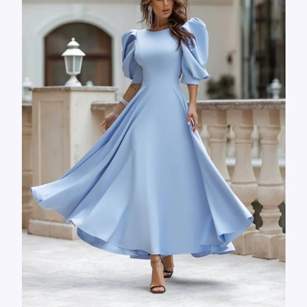 

Sky Blue Prom Dresses Pleats Half Sleeves Backless O Neck Draped A Line Dress Ankle Length Cocktail Party Gown New Fashion