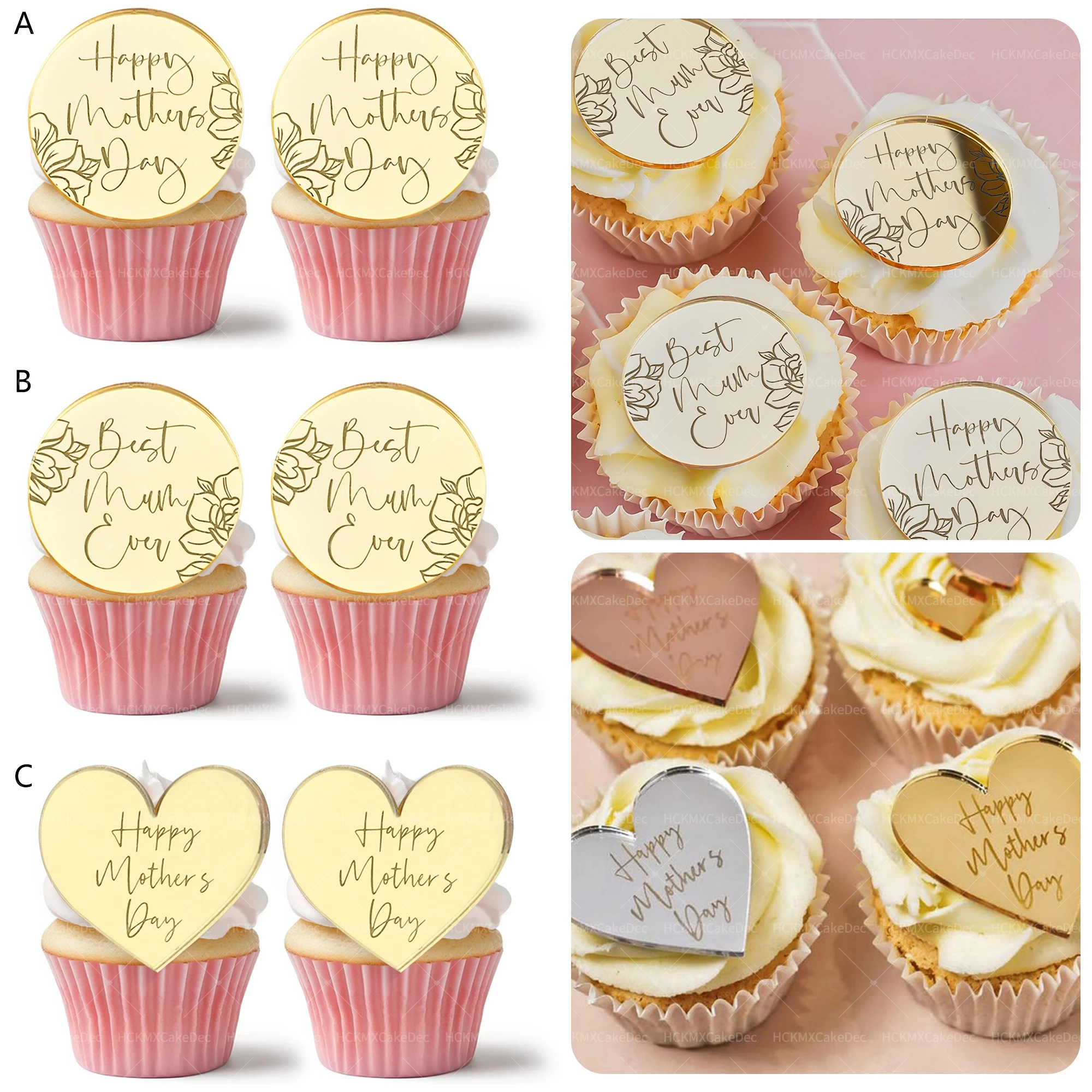 Goldener Acryl-Cupcake-Topper 'Happy Mother's Day' für Geburtstag, Muttertag, Party, Kuchen und Dessert-Dekoration
