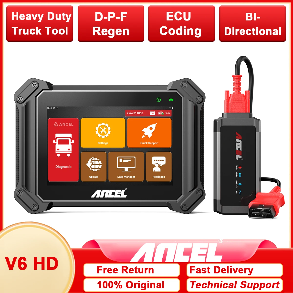 

ANCEL V6 HD Truck Scanner D-P-F Regen ECU Coding BI-Directional Heavy Duty Truck Diagnostic Scan Tool OBD HD Diagnostic Tool