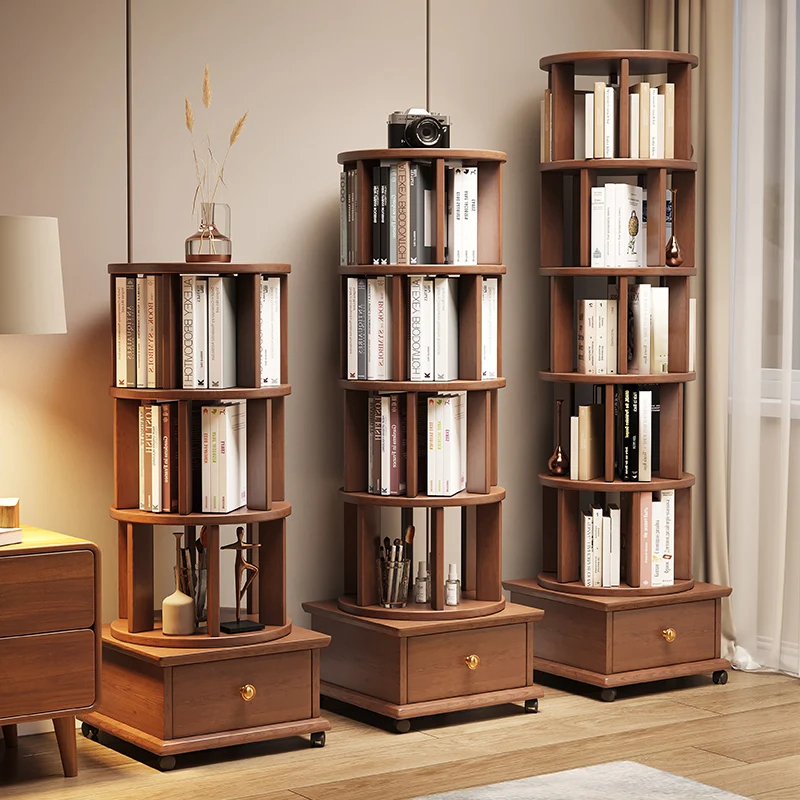 

Rotating multi-layer solid wood bookshelf floor-to-ceiling with drawer shelf combination living room study children's room mobil