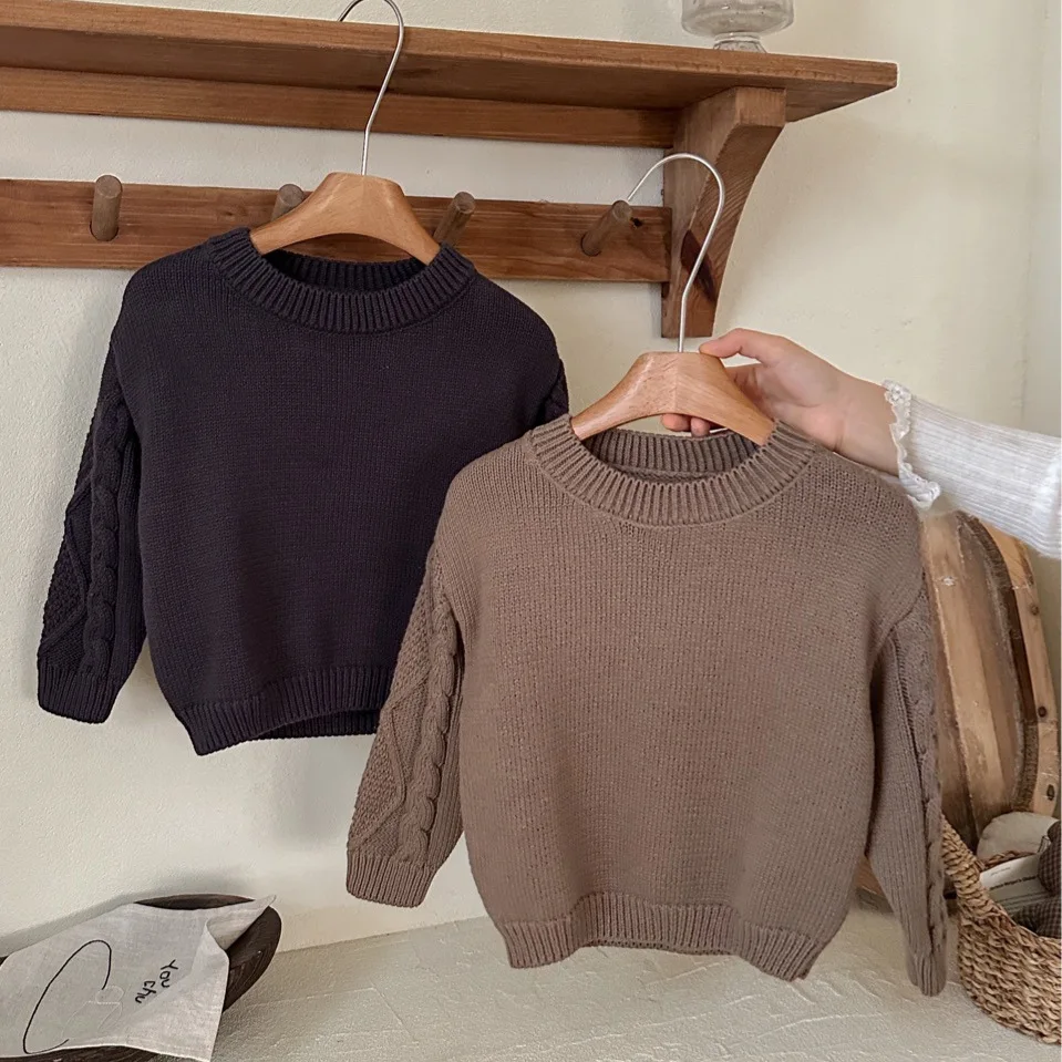

​​2025 Spring Fall Boys Sweater Korean Style Cable Knit Pullover Solid Color Round Neck Retro Top Unisex
