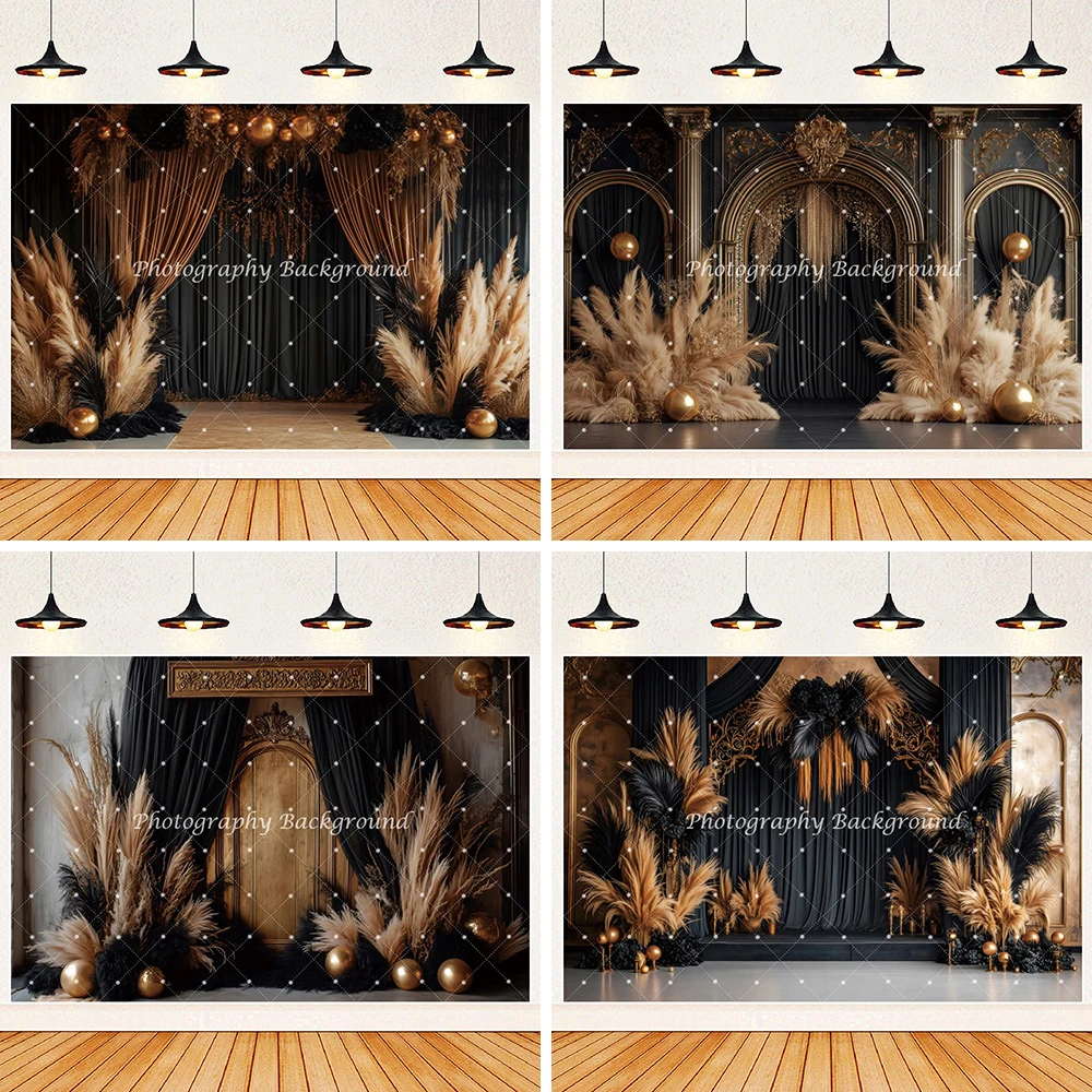 

Boho Classical Palace Wall Photography Background Black Curtain Pampas Floral Baby Maternity Portrait Backdrop Photo Studio Prop