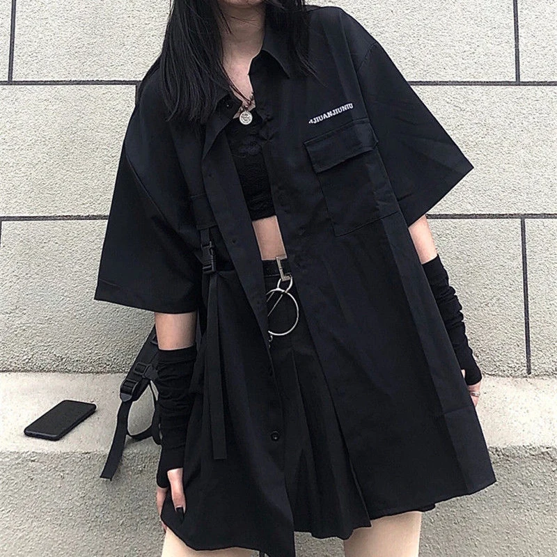 Vintage Loose Solid BF Gothic Two Piece Set Women Summer Casual Korean Button Shirt and Black Pleated A-line Mini Yk2 Skirt