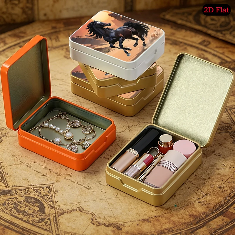 Black Horse in Desert Sunset Theme UV Printed Flip Top Tin Box, Custom Text & Custom Pattern Supported, Durable Tinplate Box