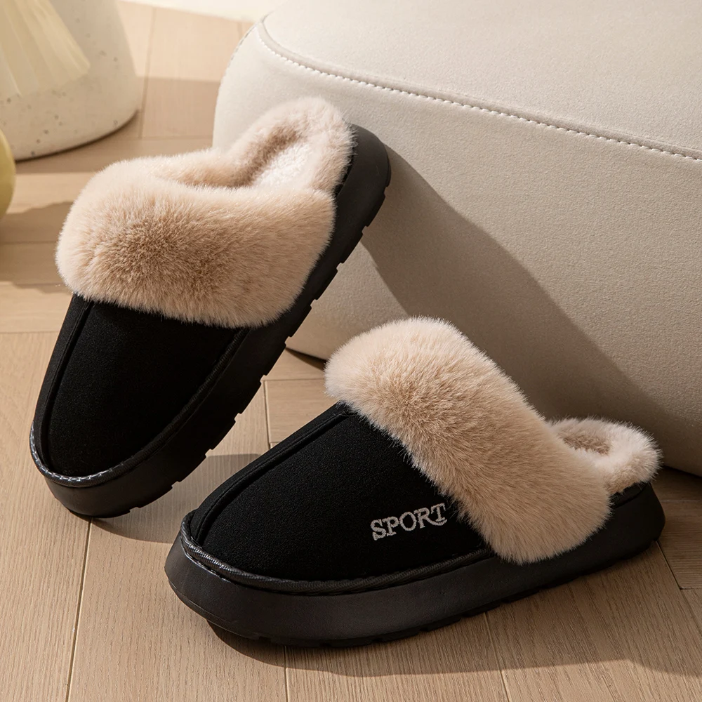 Fashion Men Winter Slippers Faux Fur Collar Warm Indoor Thick Non-Slip Outdoor Snow Boots Sole Bedroom Home Couple Shoes