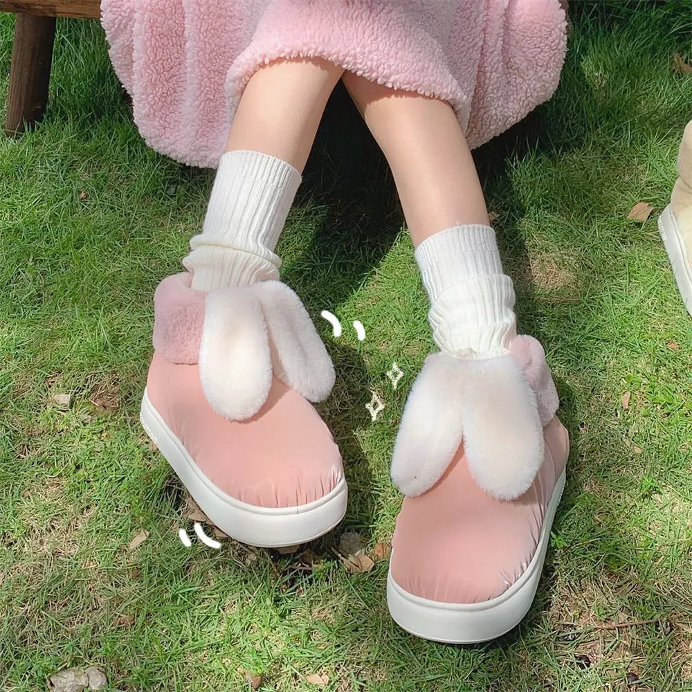 Waterproof short snow boots for autumn winter outer wear new sweet cute rabbit ears piled thickened warm cotton boots for women