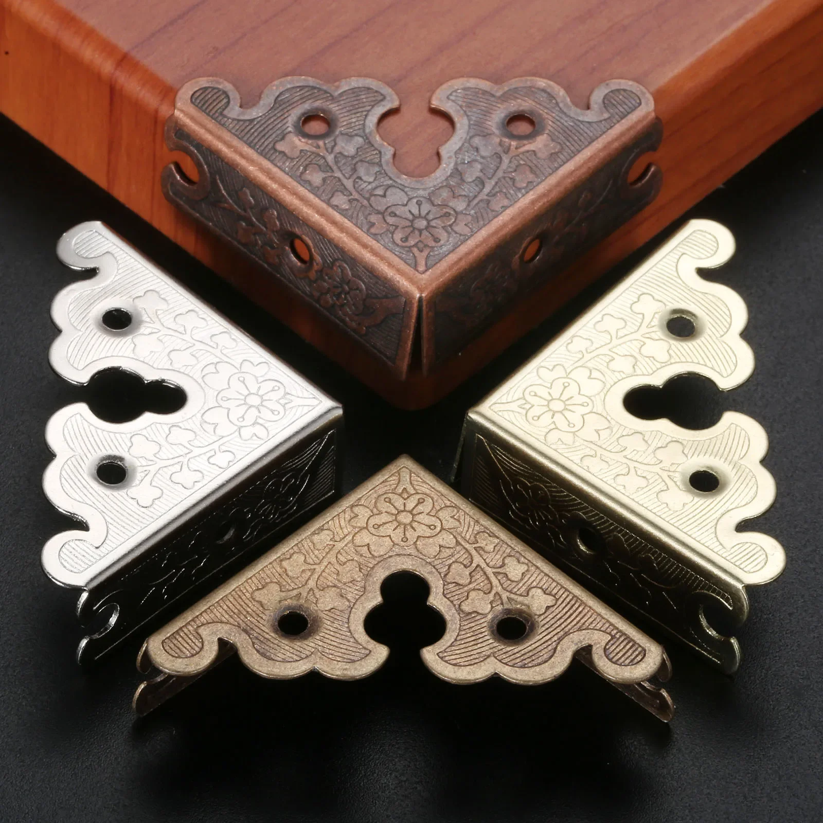 4pcs/lot Antique Alloy Triangle Corners Wooden Jewelry Box Flower Lace Edge Protector Decor Carved 34mm Bronze/Red/Gold/Silver