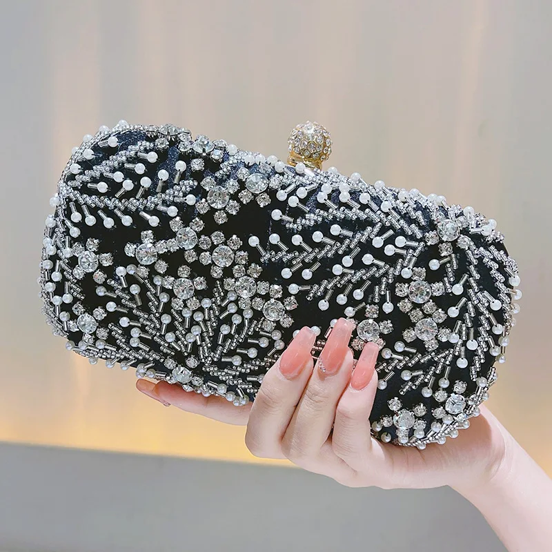 

Shiny Handmade Party Bag Dazzling Flower Women Crystal Pearl Clutch Evening Bags Hollow Out Wedding Shoulder Handbag And Purse