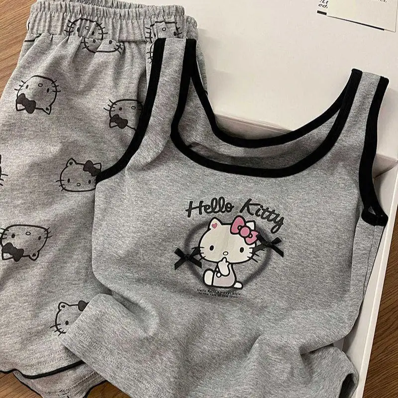 

2 шт., пижамный комплект Kitty Sling, кавайная домашняя одежда, женский стиль Y2K, милый летний охлаждающий жилет на груди, шорты, корейская одежда
