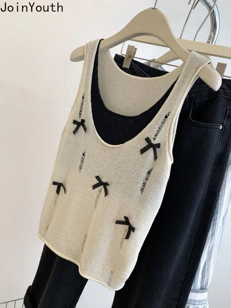 Fake Two Crop Tops Bow Knitted Tanks 2024 Women\'s Clothing Casual Sleeveless Loose Camis Fashion Hollow Out Summer Vest 27y024