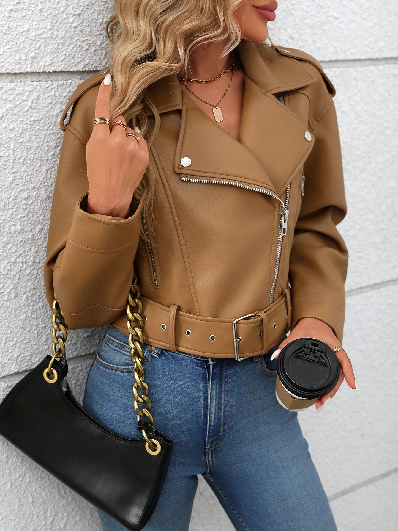 Fitaylor-女性用ベルト付きPUレザージャケット,ラペルジッパー,女性用ショートコート,オートバイのアウター,春と秋