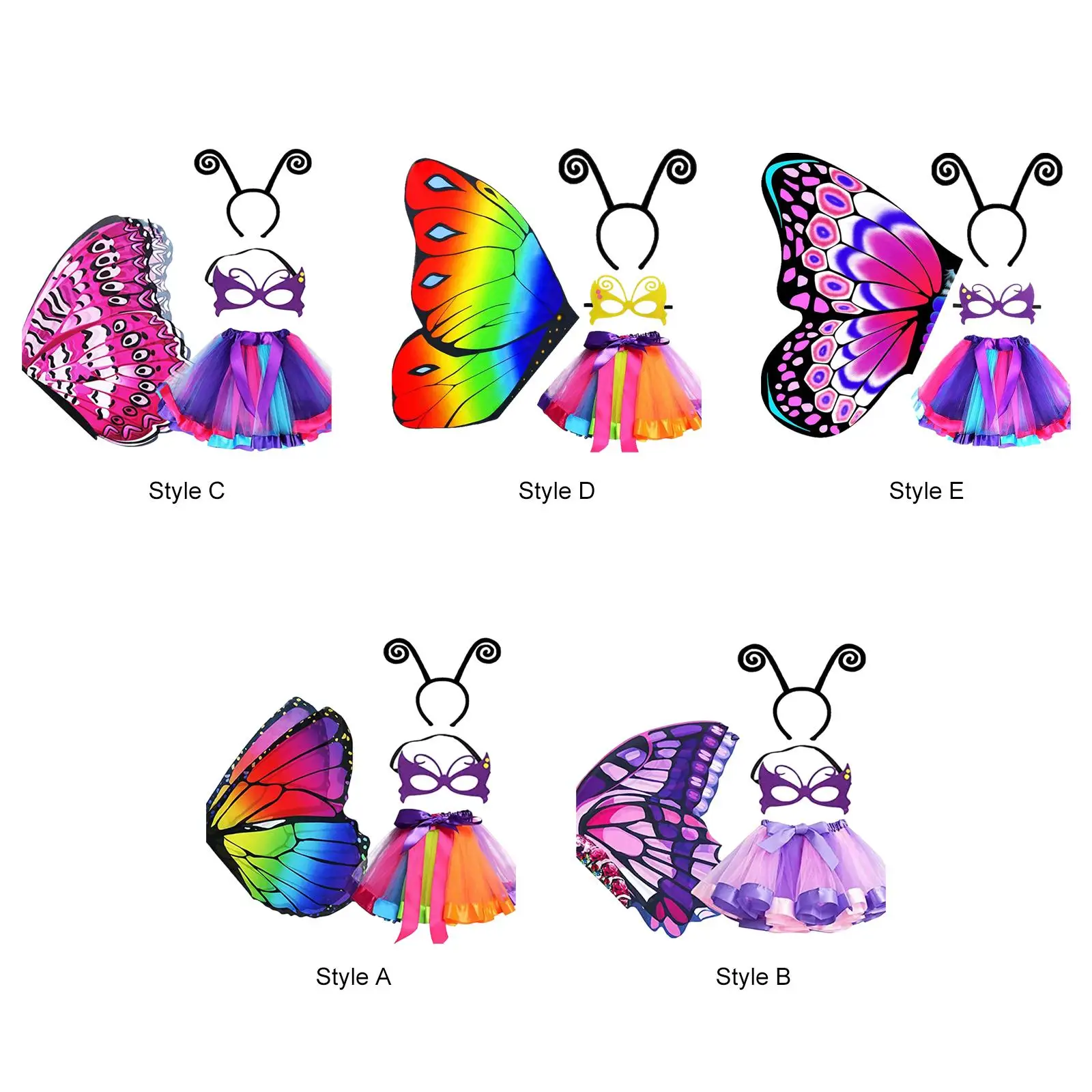 4x Girls Fairy Costume Set Rainbow Tutu Butterfly Wing for Halloween Birthday Photo Prop