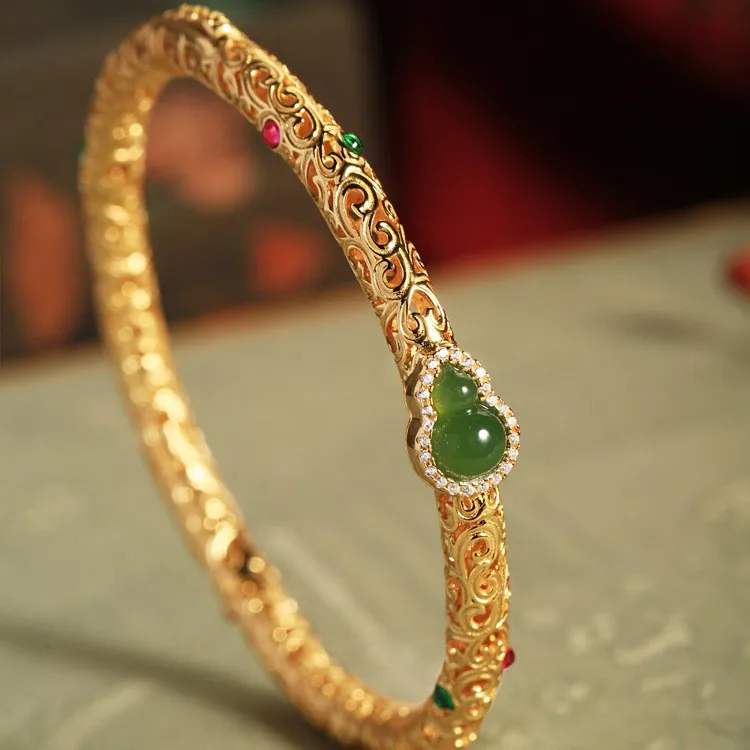 

Древний браслет из филигранной благоприятной облачной тыквы из яшмы Хэтянь, посеребренный браслет